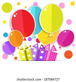 Greeting card with a gift boxes and balloons.  Vector EPS10.