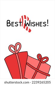 Greeting card with gift boxes and candy cane vector illustration. Doodle Christmas red symbols isolated on white background. Best wishes