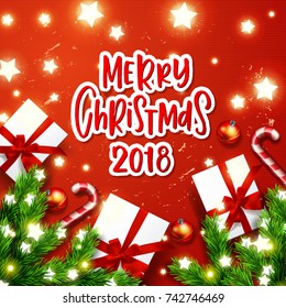greeting card with gift boxes . Happy new year. Xmas vector background. Hand drawn calligraphy. concept handwritten Merry Christmas