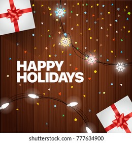 Tarjeta de felicitación con cajas de regalo. ilustración de Happy Holidays Vector