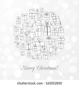 Greeting card with gift boxes. Vector sketch illustration. 