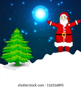 Greeting card, gift card or invitation card with Santa and Xmas tree for Merry Christmas celebration. EPS 10.