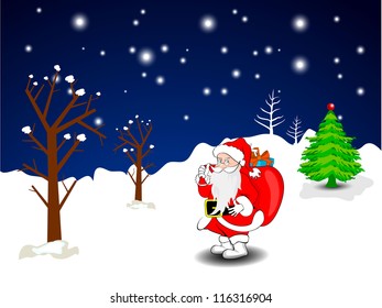 Greeting card, gift card or invitation card with Santa on winter night  Merry Christmas celebration. EPS 10.