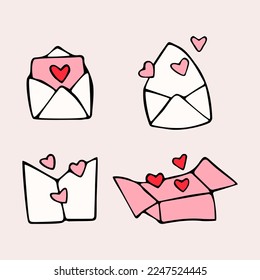 Greeting card gift and love letter with love heart doodle vector illustrations set for Valentine's Day