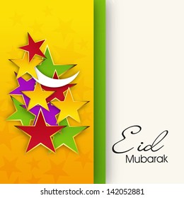 Greeting card or gift card for Muslim community festival Eid decorated with colorful stars and shiny moon.