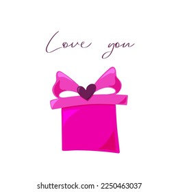 Greeting card with gift pink box for Valentines Day. Love you text