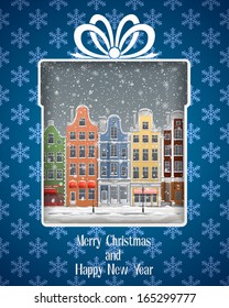 Greeting card - gift with view of old european town, at winter, EPS 10, contains transparency.