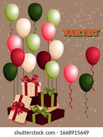 Greeting card with gifts and balloons