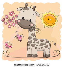 Greeting card Giraffe with flowers and butterflies