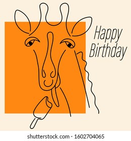 Greeting card with a giraffe licking Popsicle. Happy Birthday text. Line style, Funny giraffe isolated on white background. Animal Safari vector illustration