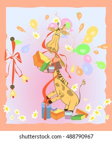 greeting card with giraffe  presents and bells