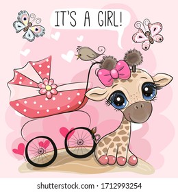 Greeting card its a girl with baby carriage and Cute Giraffe