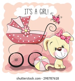 Greeting card it's a girl with baby carriage and dog 