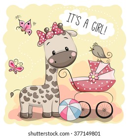 Greeting card it's a girl with baby carriage and Giraffe
