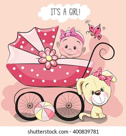 Greeting Card It's A Girl With Baby Carriage And Dog