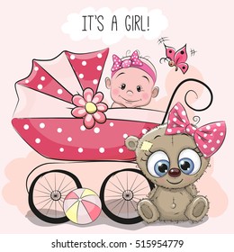 Greeting card it is a girl with baby carriage and teddy bear