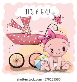 Greeting card it is a girl with baby and carriage