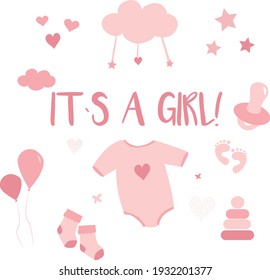 Greeting card its a girl. Children's posters. Baby shower illustrations set. Hand drawn newborn boy items and elements. Invitations, cards, nursery decor. Newborn metric for children bedroom.
