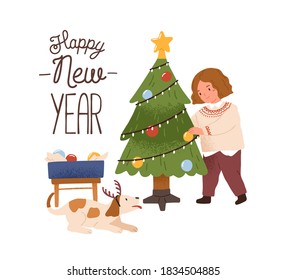 Greeting card with girl decorating Christmas tree and Happy New Year inscription vector flat illustration. Child and dog preparing to Xmas isolated. Festive postcard for winter seasonal holiday