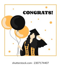 Greeting Card for Girl in Graduation Gown and Cap with Tassel holding Balloons