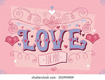 Greeting card for girl and lettering with soft red color - Big Love for you. Vector illustration