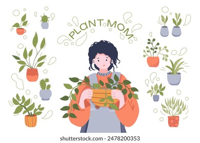 Greeting card with girl planting home flowers. Cute vector illustration card for mom lovers plants.