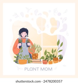 Greeting card with girl planting home flowers. Cute vector illustration card for mom lovers plants.