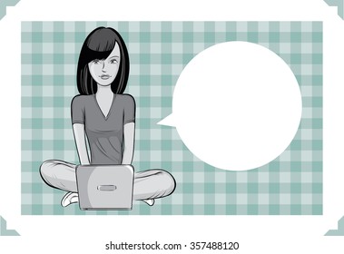 Greeting card with girl sitting with laptop