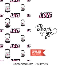 Greeting card for girls, women illustrated in magazine style. Seamless pattern background with fashion accessories patches, stickers for online shopping. Inscription: thank you. Vector template
