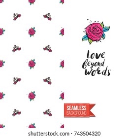 Greeting card for girls, women illustrated in magazine style. Seamless pattern background with fashion accessories patches stickers for online shopping. Inscription: love beyond words. Vector template