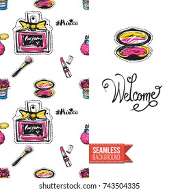 Greeting card for girls, women illustrated in magazine style. Seamless pattern background with fashion accessories patches, stickers for online shopping. Inscription: welcome. Vector template