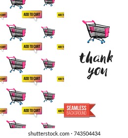 Greeting card for girls, women illustrated in magazine style. Seamless pattern background with fashion accessories patches, stickers for online shopping. Inscription: thank you. Vector template