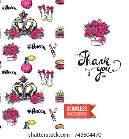 Greeting card for girls, women illustrated in magazine style. Seamless pattern background with fashion accessories patches, stickers for online shopping. Inscription: thank you. Vector template