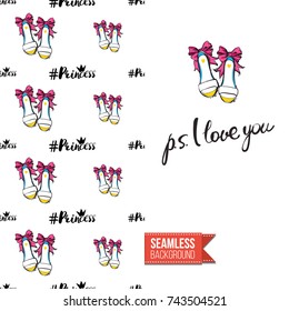 Greeting card for girls, women illustrated in magazine style. Seamless pattern background with fashion accessories patches, stickers for online shopping. Inscription: ps i love you. Vector template