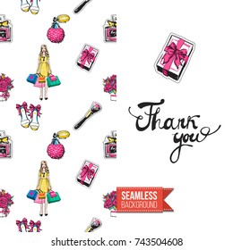 Greeting card for girls, women illustrated in magazine style. Seamless pattern background with fashion accessories patches, stickers for online shopping. Inscription: thank you. Vector template