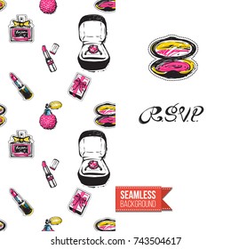 Greeting card for girls, women illustrated in magazine style. Seamless pattern background with fashion accessories patches, stickers for online shopping. Inscription: rsvp. Vector template