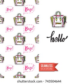 Greeting card for girls, women illustrated in magazine style. Seamless pattern background with fashion accessories patches, stickers for online shopping. Inscription: hello. Vector template