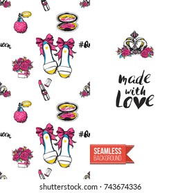 Greeting card for girls, women illustrated in magazine style. Seamless pattern background with fashion accessories patches, stickers for online shopping. Inscription: made with love. Vector template