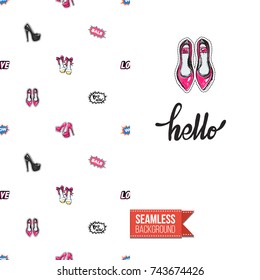 Greeting card for girls, women illustrated in magazine style. Seamless pattern background with fashion accessories patches, stickers for online shopping. Inscription: hello. Vector template