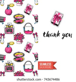 Greeting card for girls, women illustrated in magazine style. Seamless pattern background with fashion accessories patches, stickers for online shopping. Inscription: thank you. Vector template