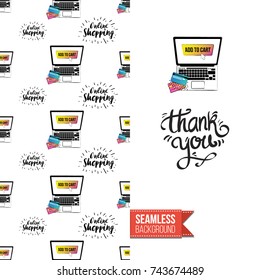 Greeting card for girls, women illustrated in magazine style. Seamless pattern background with fashion accessories patches, stickers for online shopping. Inscription: thank you. Vector template