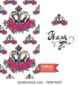 Greeting card for girls, women illustrated in magazine style. Seamless pattern background with fashion accessories patches, stickers for online shopping. Inscription: thank you. Vector template