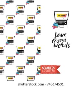 Greeting card for girls, women illustrated in magazine style. Seamless pattern backdrop with fashion accessories patches, stickers for online shopping. Inscription: love beyond words. Vector template