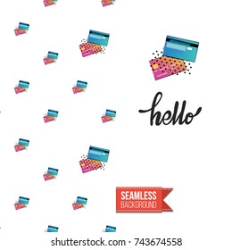 Greeting card for girls, women illustrated in magazine style. Seamless pattern background with fashion accessories patches, stickers for online shopping. Inscription: hello. Vector template