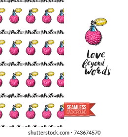 Greeting card for girls, women illustrated in magazine style. Seamless pattern backdrop with fashion accessories patches, stickers for online shopping. Inscription: love beyond words. Vector template