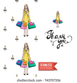 Greeting card for girls, women illustrated in magazine style. Seamless pattern background with fashion accessories patches, stickers for online shopping. Inscription: thank you. Vector template