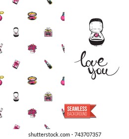 Greeting card for girls, women illustrated in magazine style. Seamless pattern background with fashion accessories patches, stickers for online shopping. Inscription: love you. Vector template