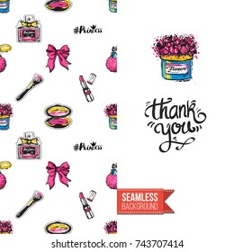 Greeting card for girls, women illustrated in magazine style. Seamless pattern background with fashion accessories patches, stickers for online shopping. Inscription: thank you. Vector template