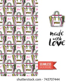 Greeting card for girls, women illustrated in magazine style. Seamless pattern background with fashion accessories patches, stickers for online shopping. Inscription: made with love. Vector template