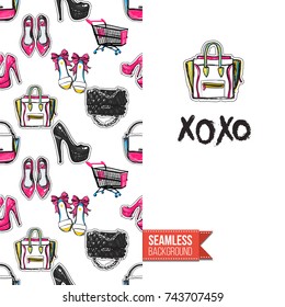 Greeting card for girls, women illustrated in magazine style. Seamless pattern background with fashion accessories patches, stickers for online shopping. Inscription: xoxo. Vector template